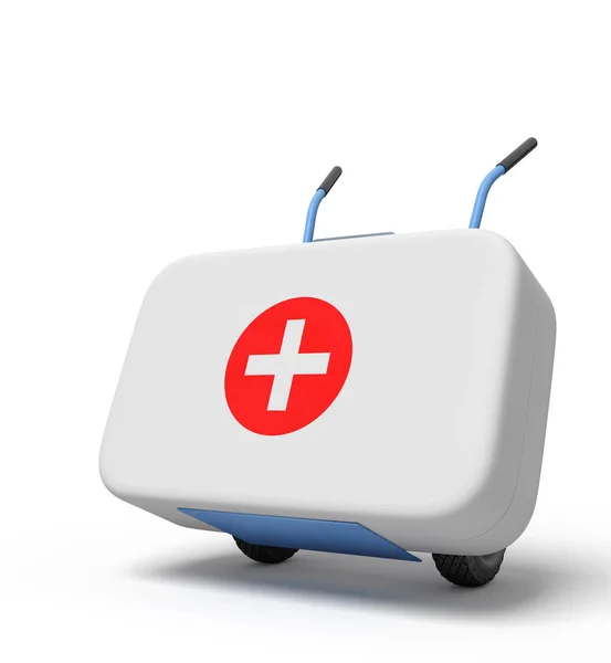 3d representación de caja médica blanca de primeros auxilios en un camión de mano —  Fotos de Stock