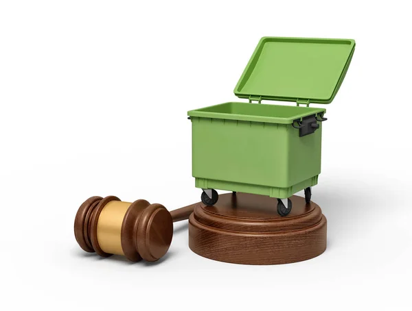 3d rendering of open green trash bin on round wooden block and brown wooden gavel — Stock Photo, Image