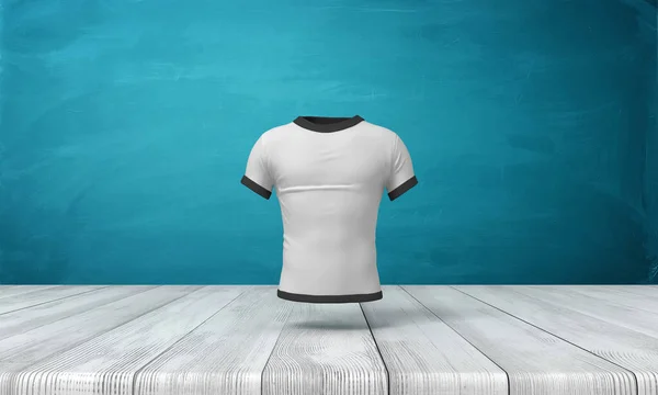 3D-Wiedergabe von weißem, eng anliegendem Herren-T-Shirt mit schwarzem Rand, das in der Luft über der Holzoberfläche auf blauem Wandhintergrund schwebt. — Stockfoto