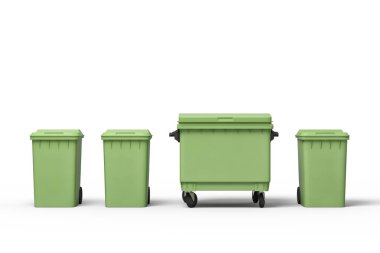 Sıraya dizilmiş dört yeşil çöp tenekesinin 3D görüntülenmesi
