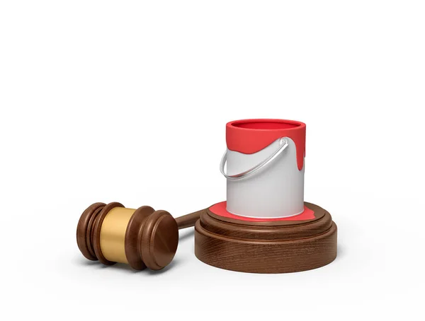 3d rendering of open can of red paint standing on sounding block with some paint spilt, with judge gavel lying beside. — Stock Photo, Image