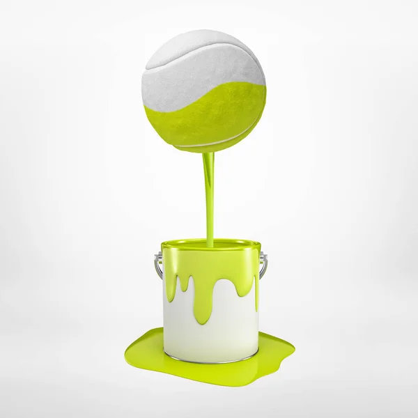 3D-Rendering von Tennisball mit gelber Farbe in Metalleimer auf weißem Hintergrund — Stockfoto