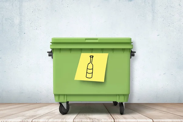 3d renderelés zöld szemetes áll a fa padlón, sárga post-it jegyzet kézzel húzott üveg ragadt konzerv. — Stock Fotó