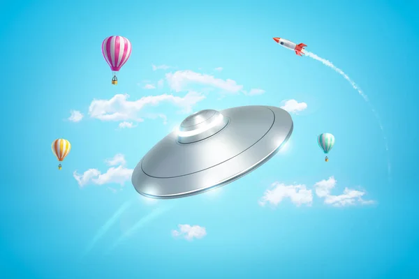 3d rendering van zilver metaal ufo met hete lucht ballonnen en zilver rode ruimte raket in de lucht op blauwe achtergrond — Stockfoto