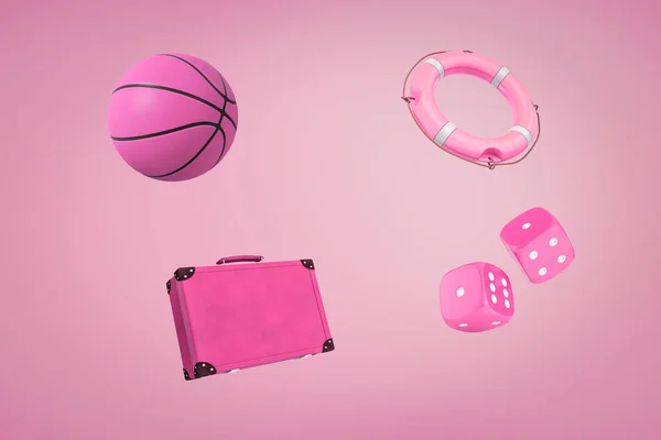 3D-återgivning av rosa retro resväska, basket boll, kasino tärningar och båt livboj på rosa bakgrund. — Stockfoto