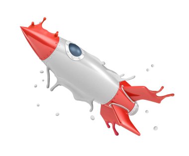 Beyaz zemin üzerinde eriyen gümüş kırmızı uzay roketinin 3D görüntülenmesi