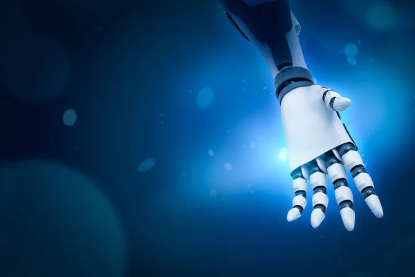 3D representación de la mano robótica sobre fondo azul neón —  Fotos de Stock