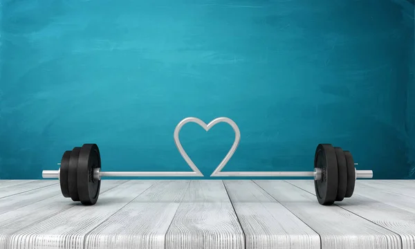 3d renderização de barra com sua barra dobrada em forma de coração no meio, na superfície de madeira perto da parede azul . — Fotografia de Stock