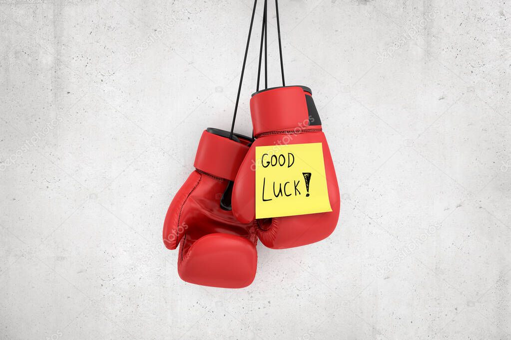 3d rendering of red boxing gloves with yellow Good luck note on white wall background