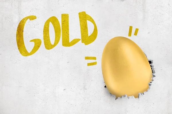 3d rendering of concrete wall with title GOLD and gold chicken egg smashed into wall so that it has broken hole in it. — Stock Photo, Image