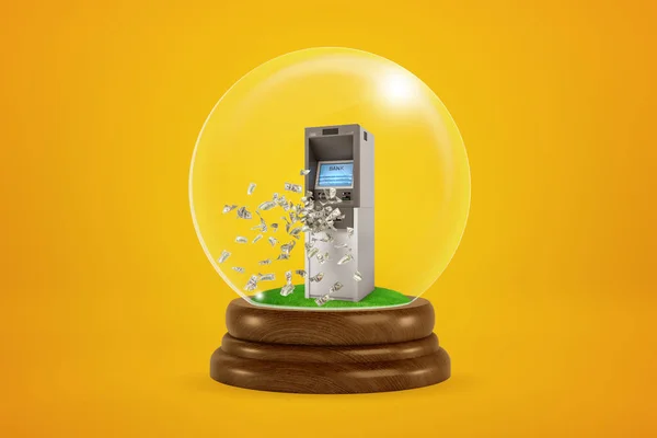 3d representación de pequeño cajero automático y algo de dinero volando en el aire dentro de globo de bola de vidrio sobre fondo ámbar . — Foto de Stock