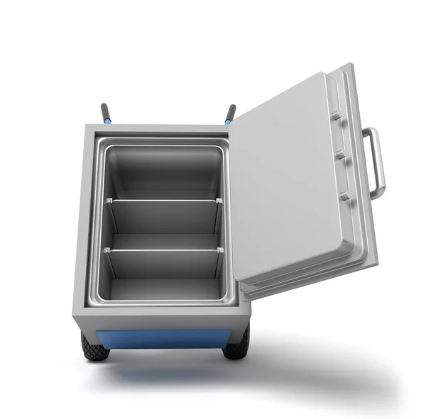 3d rendering of open big light-grey metal safe on blue hand truck. — Stock Photo, Image