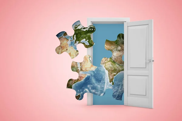 3D візуалізація чотирьох шматочків головоломки поверхні Землі, що виходять з відкритих дверей на рожевому копіювальному фоні . — стокове фото