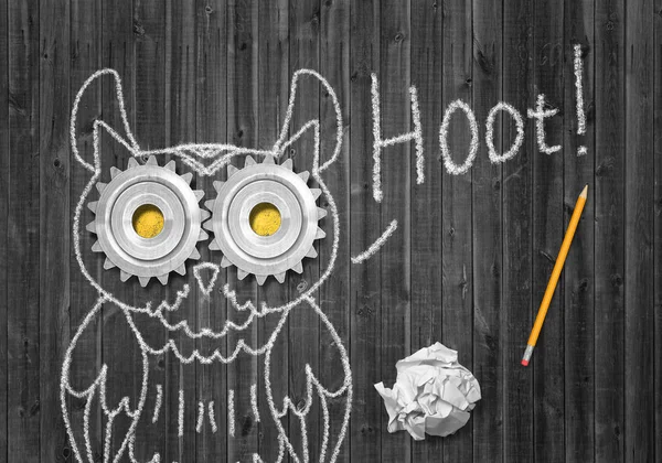 3d rendering of grey wooden background with picture of owl with two cogwheels instead of eyes, crumpled piece of paper, pencil, and word Hoot — Stock Photo, Image