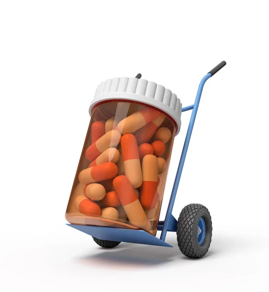 Rendering 3d di un barattolo di plastica con pillole mediche su un camion a mano — Foto Stock