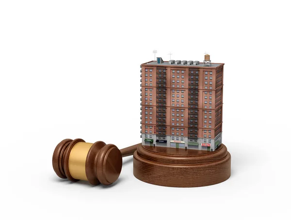 3D展示站在听审方块上的一组公寓，法官gavel躺在旁边. — 图库照片