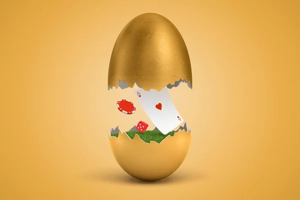 Üç boyutlu birinci sınıf kalp kartı, kumarhane zarları ve sarı arka planda altın yumurtadan çıkan jetonlu yumurtalar. — Stok fotoğraf