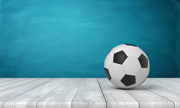 3d renderização de bola de futebol no chão de madeira branco e fundo azul-turquesa escuro — Fotografia de Stock