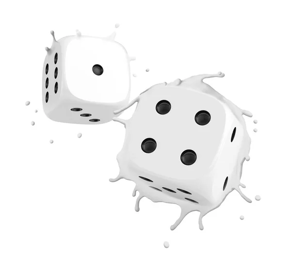3D vykreslení dvou bílých kostek kasina postříkání izolované na bílém pozadí — Stock fotografie