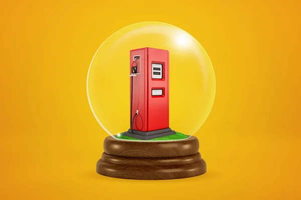 3d representación de pequeño dispensador de combustible rojo dentro de globo de bola de vidrio sobre fondo ámbar . — Foto de Stock