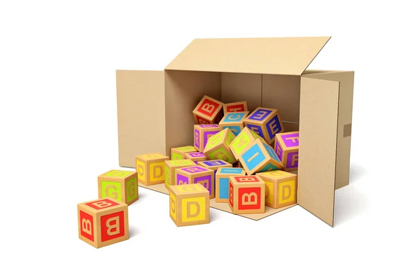 3d rendering van kartonnen doos liggend zijdelings vol Abc blokken. — Stockfoto