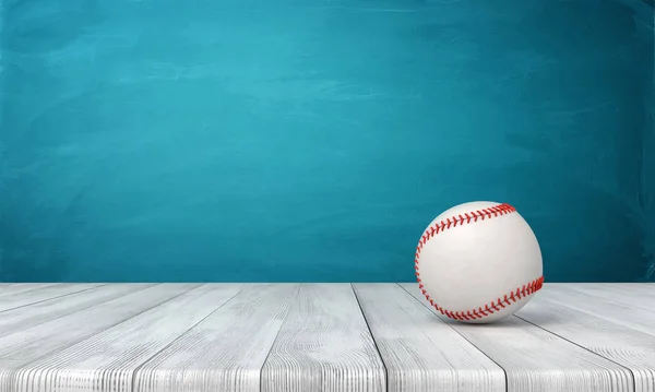 3D рендеринг бейсбола на деревянном полу возле синей стены с копировальным пространством . — стоковое фото