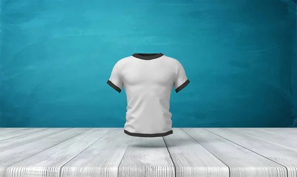 Renderowanie 3D białego, zbliżonego T-shirt Mens z czarną rurą brzegową, zawieszony w powietrzu nad drewnianą powierzchnią na niebieskim tle ściany. — Zdjęcie stockowe