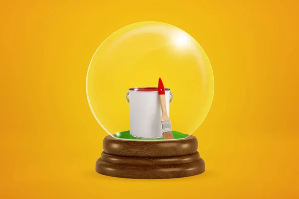 3d representación de pequeña lata de pintura roja con pincel dentro de bola de vidrio globo sobre fondo ámbar . — Foto de Stock