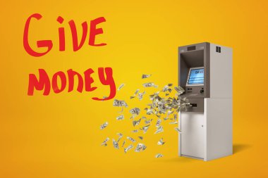 ATM 'den dökülen üç boyutlu dolar görüntüleme ve sarı arkaplanda para işareti