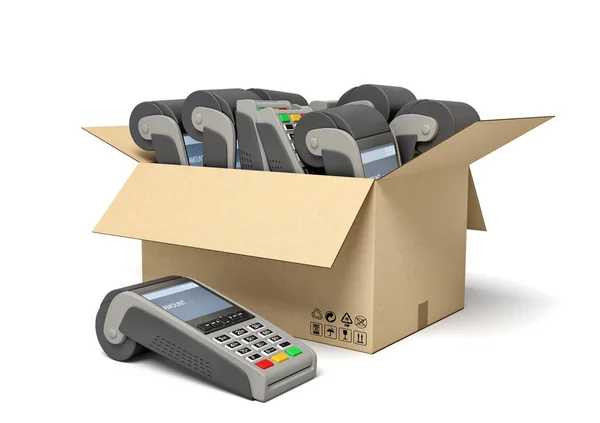 3d rendering of cardboard box full of several point-of-sale terminals. — Stock Photo, Image