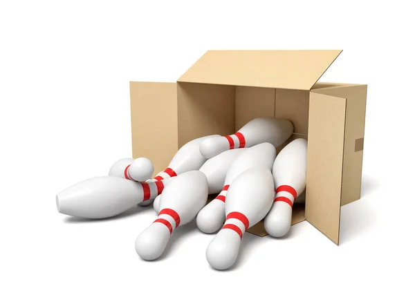 3d rendering van kartonnen doos liggend zijdelings vol met witte bowling pinnen. — Stockfoto