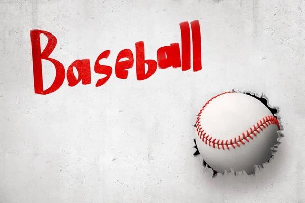 3d renderowania piłki baseballowej łamanie białej ściany z czerwonym znakiem Baseball powyżej — Zdjęcie stockowe