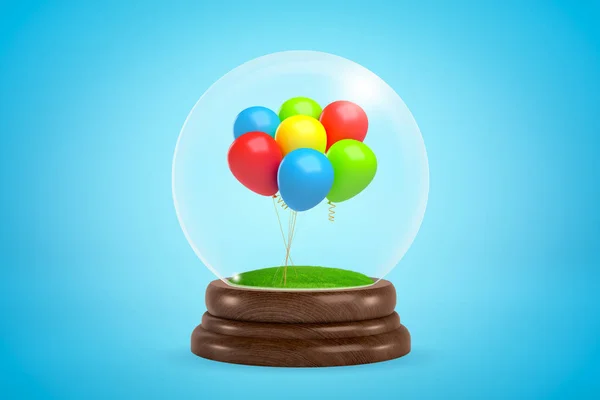 3d renderização de feixe miniaturado de balões coloridos dentro globo bola de vidro no fundo azul claro . — Fotografia de Stock