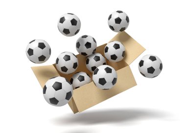 Havada futbol topu dolu 3D karton kutu çizimi.