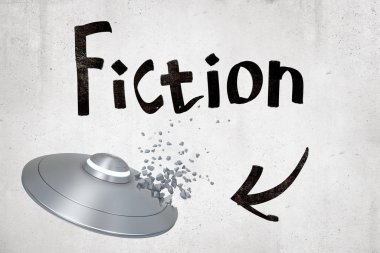 Üç boyutlu gümüş rengi Ufo, yanlarından biri parçalara ayrılıyor, beton duvara karşı, başlığı Kurgu.