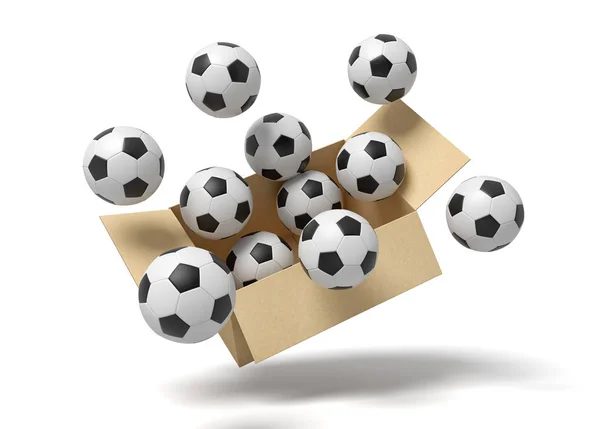 3d renderização de caixa de papelão cheio de bolas de futebol no ar . — Fotografia de Stock