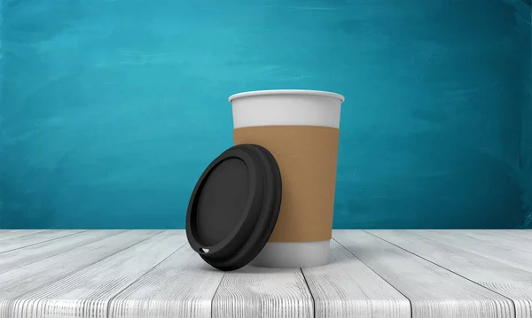 3D-Rendering einer Kaffeetasse aus Papier auf weißem Holzboden und dunkeltürkisfarbenem Hintergrund — Stockfoto