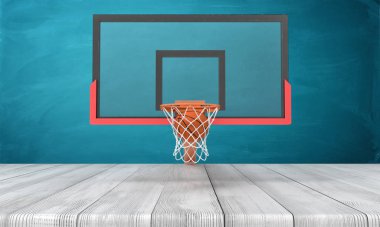Turuncu basketbol topu ve basketbol potasının beyaz ahşap zemin ve koyu turkuaz arka planda üç boyutlu canlandırması.