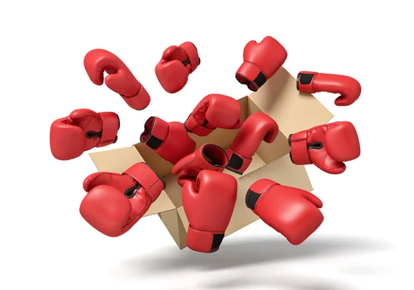 3d renderização de caixa de papelão no ar cheio de luvas de boxe vermelho que estão voando para fora e flutuando fora . — Fotografia de Stock