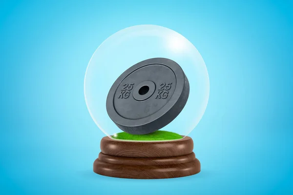 3d representación de negro 25 kg de placa de peso dentro de bola de vidrio globo sobre fondo azul claro . —  Fotos de Stock