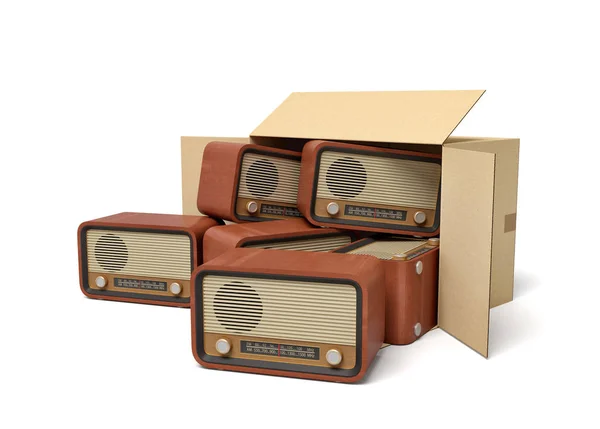 3d renderização de caixa de papelão deitado sidelong cheio de rádios antiquados . — Fotografia de Stock