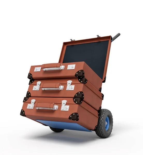 3d rendering of blue hand truck with stack of three brown suitcases on top. — Stock Photo, Image