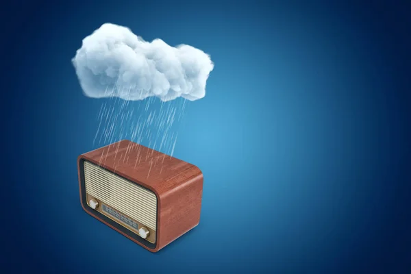 3D renderização de nuvem chuvosa branca acima do rádio retro vintage no fundo azul — Fotografia de Stock