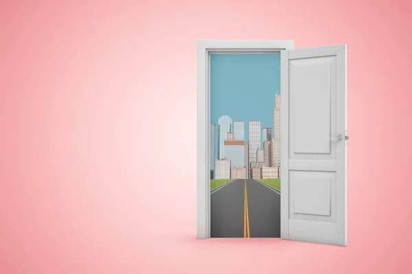 Rendering 3d di porta bianca aperta su sfondo rosa copia spazio, apertura su strada asfaltata che conduce alla città grattacielo . — Foto Stock