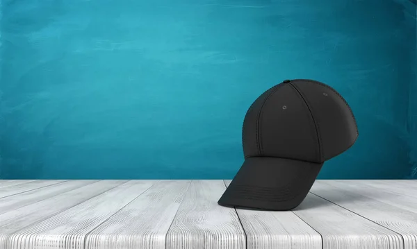 3d front rendering of black baseball cap on wooden floor near blue wall with copy space. — Stock Photo, Image