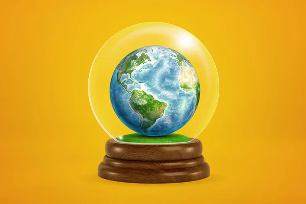 3d weergave van miniatuur planeet Aarde in glazen bol bol op amber achtergrond. — Stockfoto