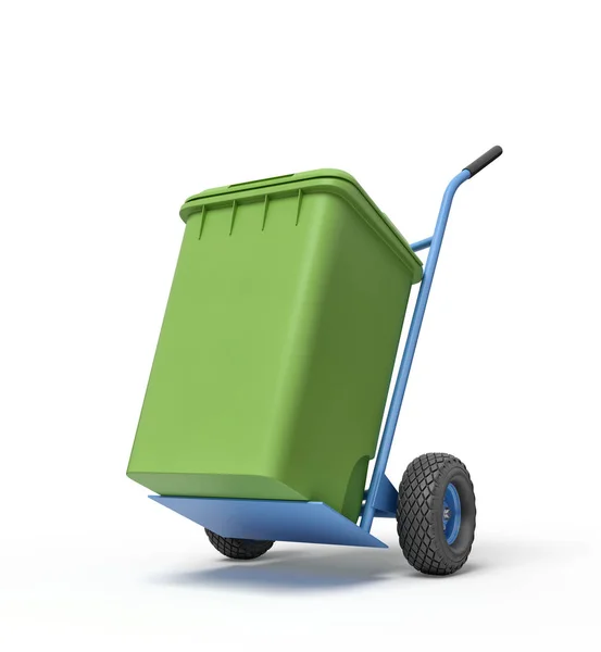 3D绿色垃圾桶在蓝色手推车上的处理. — 图库照片