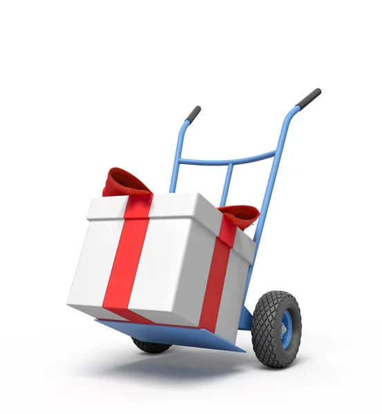 3d weergave van blauwe handtruck met grote witte geschenkdoos vastgebonden met rood lint op de top. — Stockfoto