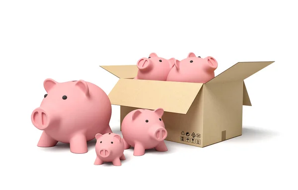3D-Rendering von rosa Keramik-Sparschweinen im Karton. — Stockfoto