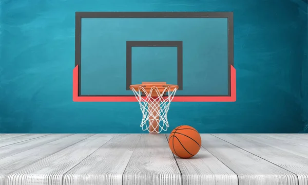 白い木製の床と暗いターコイズの背景にオレンジ色のバスケットボールボールとバスケットボールフープの3Dレンダリング — ストック写真